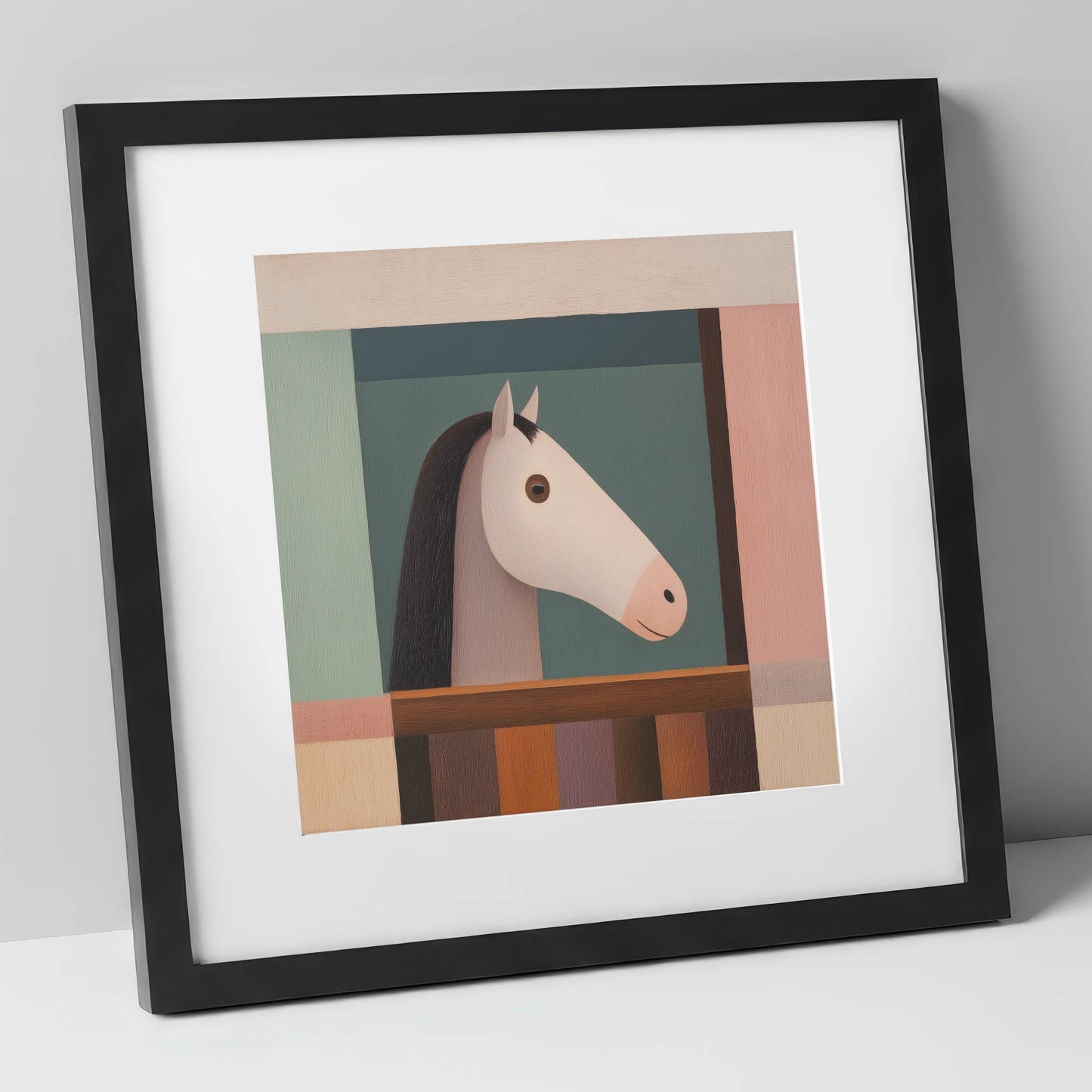 The Quiet Stable Companion horse stable art print in black frame