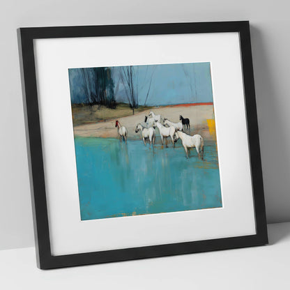 Wading in Teal Shallows wild horses art print in black frame