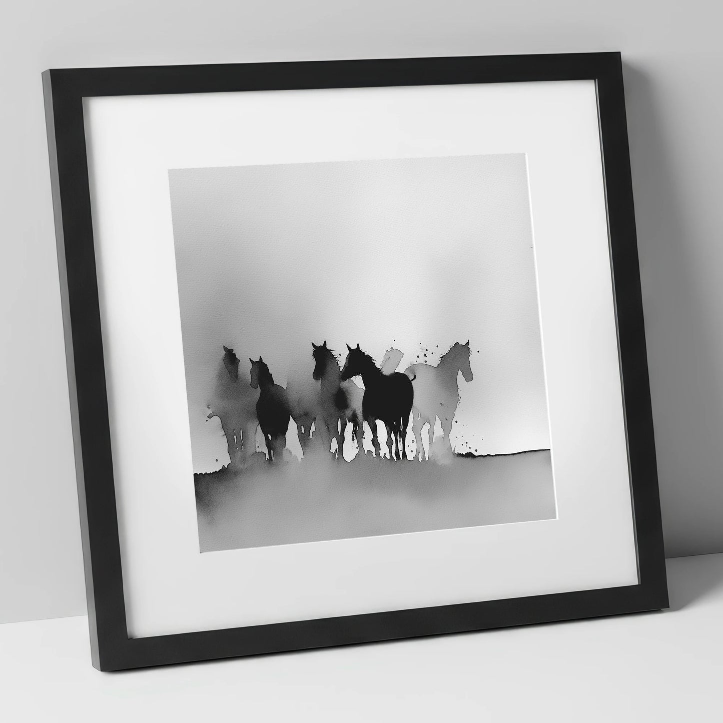Ethereal Herd Silhouettes wild horses art print in black frame