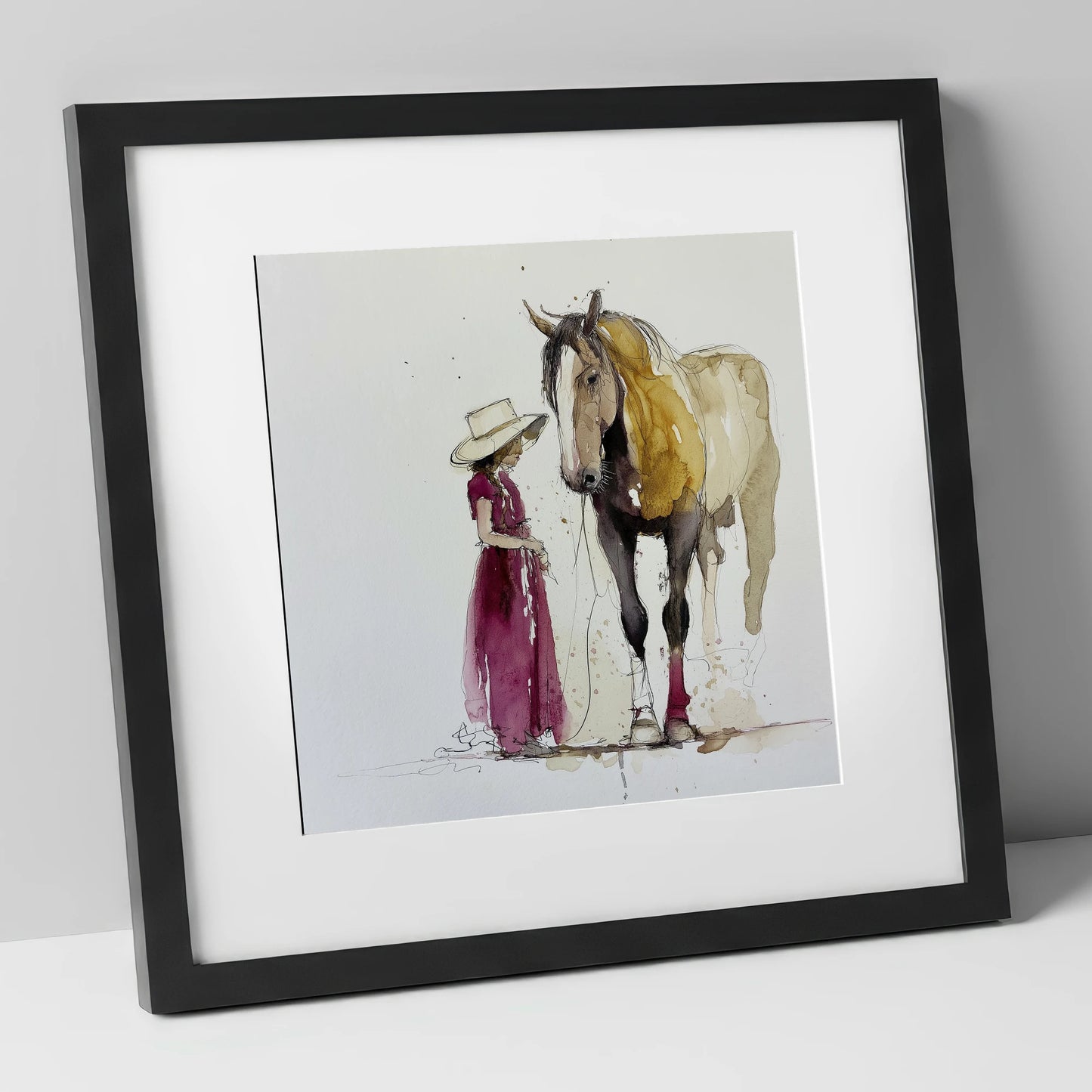 A Quiet Connection horse & rider art print in black frame