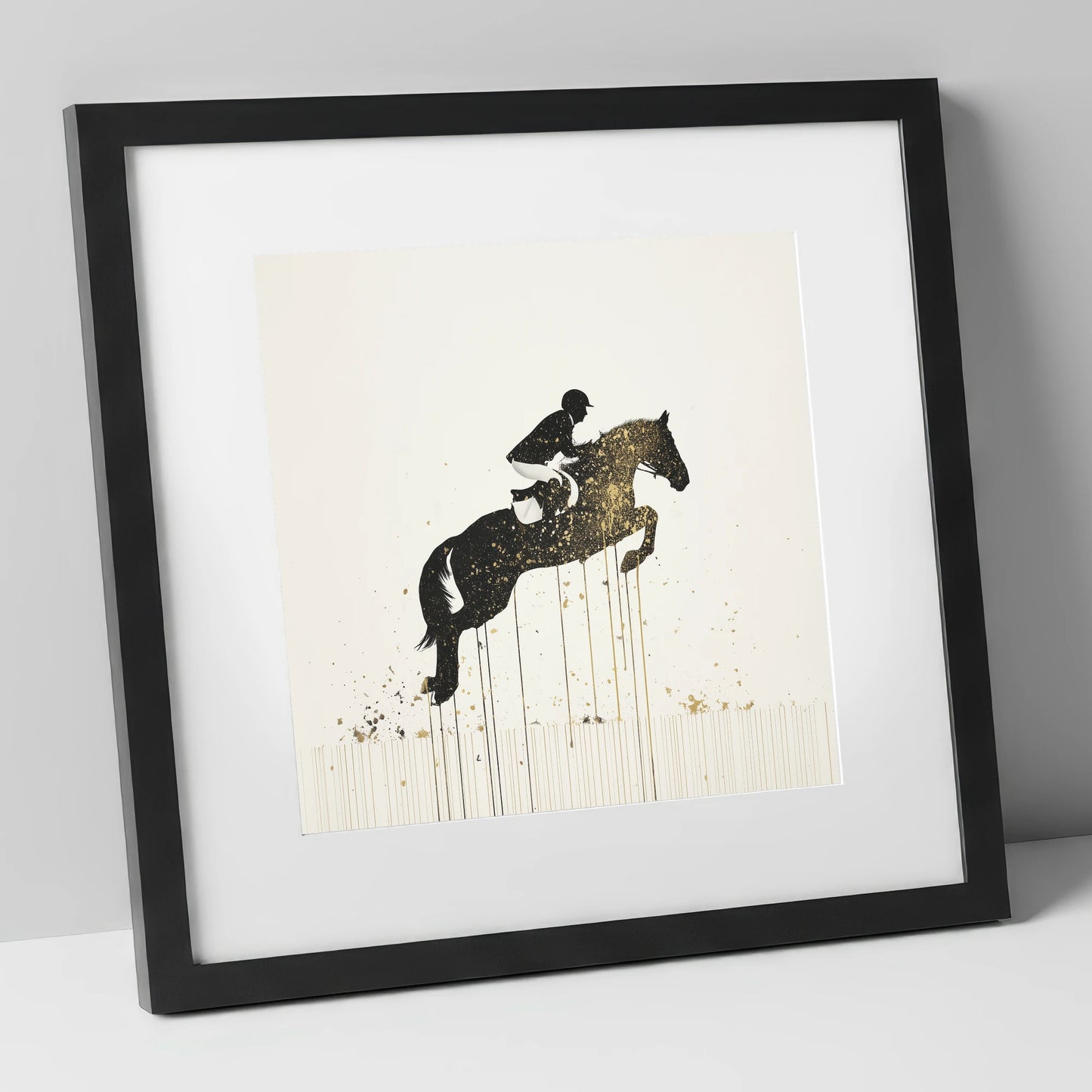 Suspended in Gold show jumping horse art print in black frame