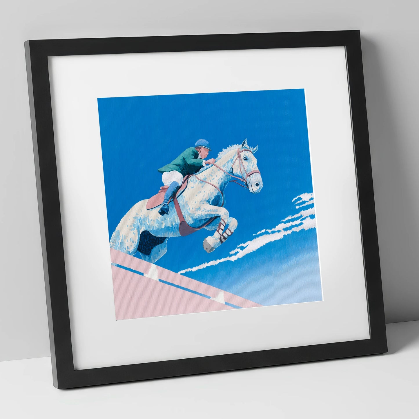 Airborne Over Blue show jumping horse art print in black frame
