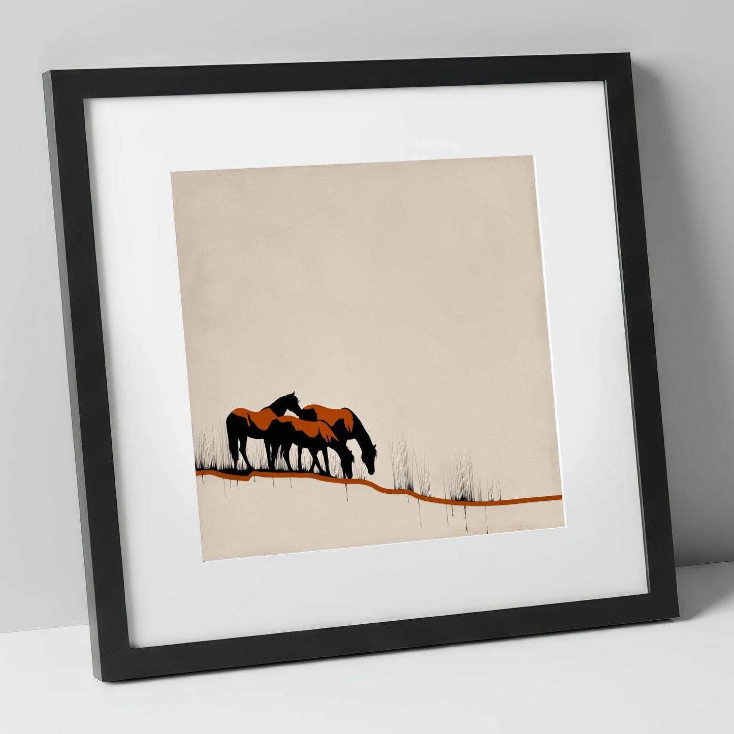Copper and Ink Herd wild horses art print in black frame