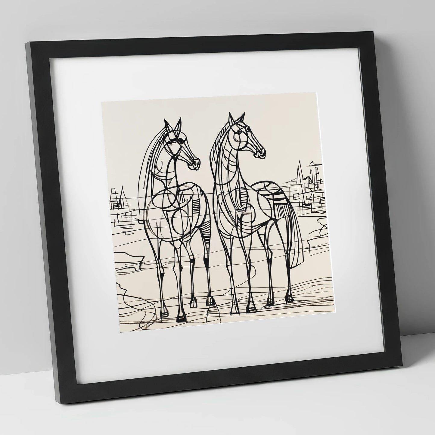 Architectural Equine Duo horse landscape art print in black frame