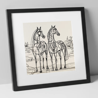 Architectural Equine Duo horse landscape art print in black frame
