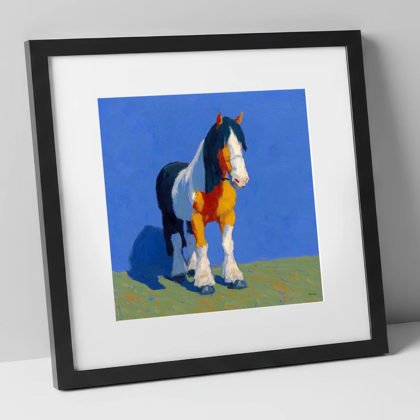 Sunlit Coloured Cob horse breed art print in black frame