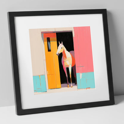 Vibrant Stable Doorway horse stable art print in black frame