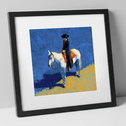 Vaquero in Blue western horse art print in black frame