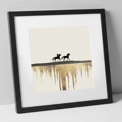 Golden Horizon Silhouettes horse landscape art print in black frame