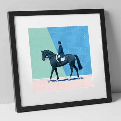 Rhythmic Precision dressage horse art print in black frame