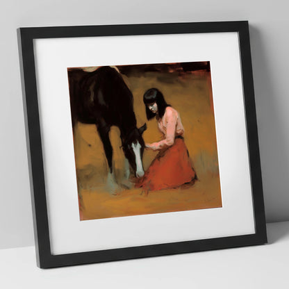 Quiet Communion horse & rider art print in black frame