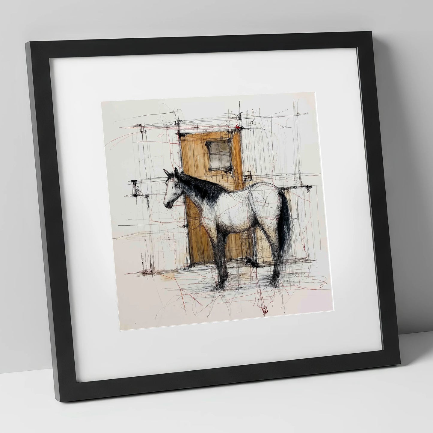 Waiting At The Stable Door horse stable art print in black frame