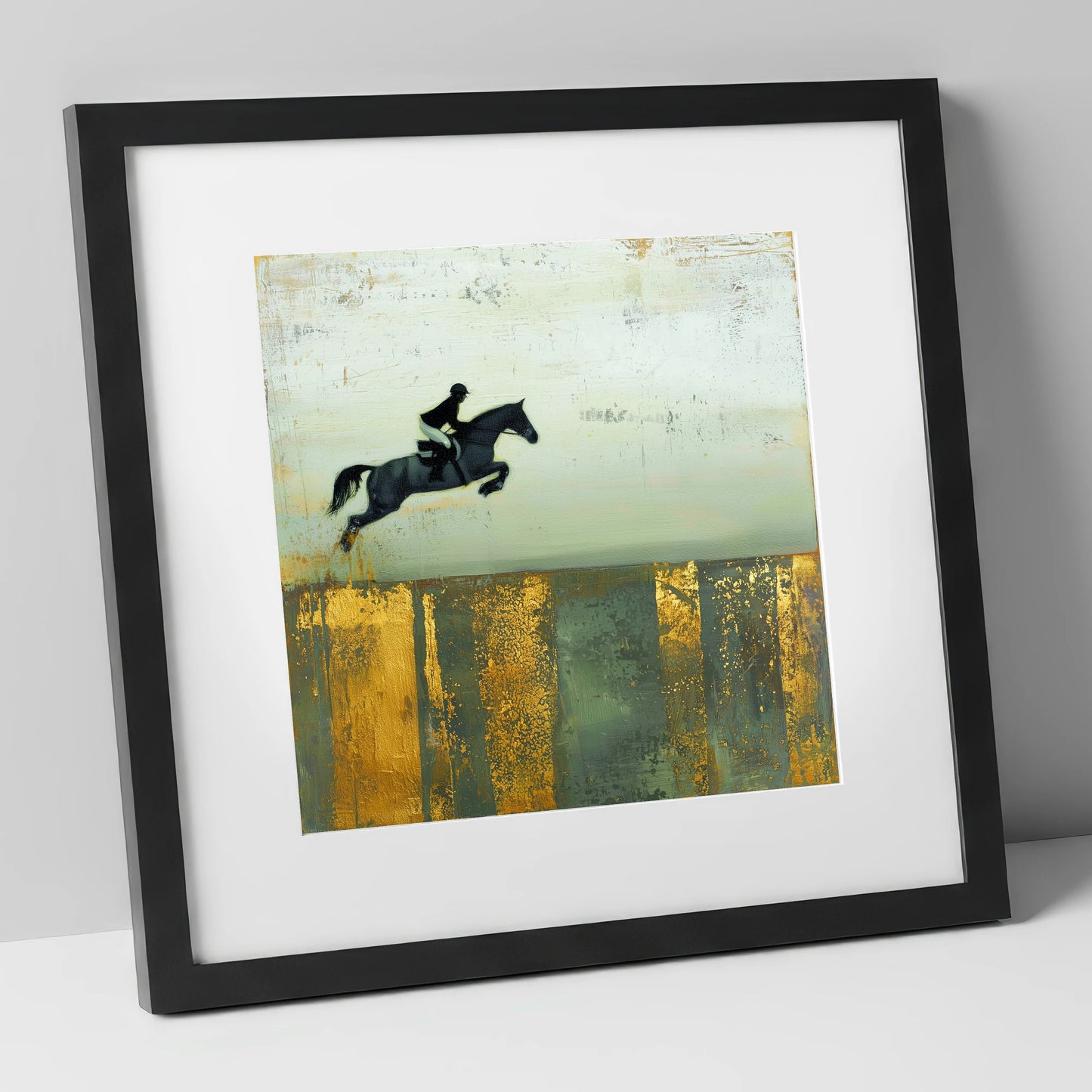 Flight Over Gold show jumping horse art print in black frame