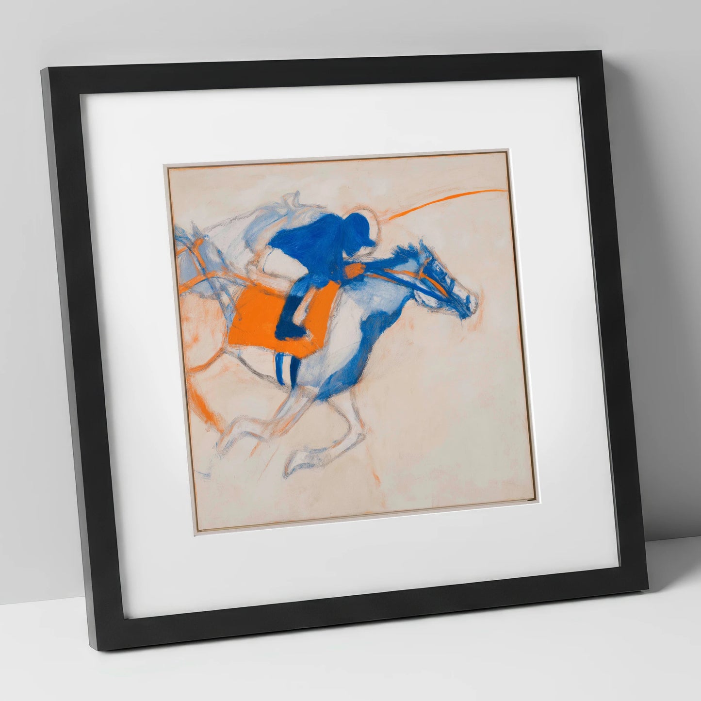 Gallop in Blue racing horse art print in black frame