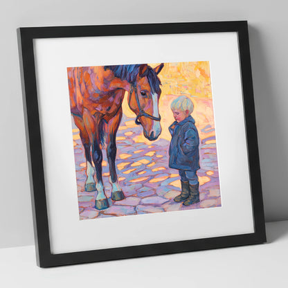 The Gentle Encounter horse & rider art print in black frame