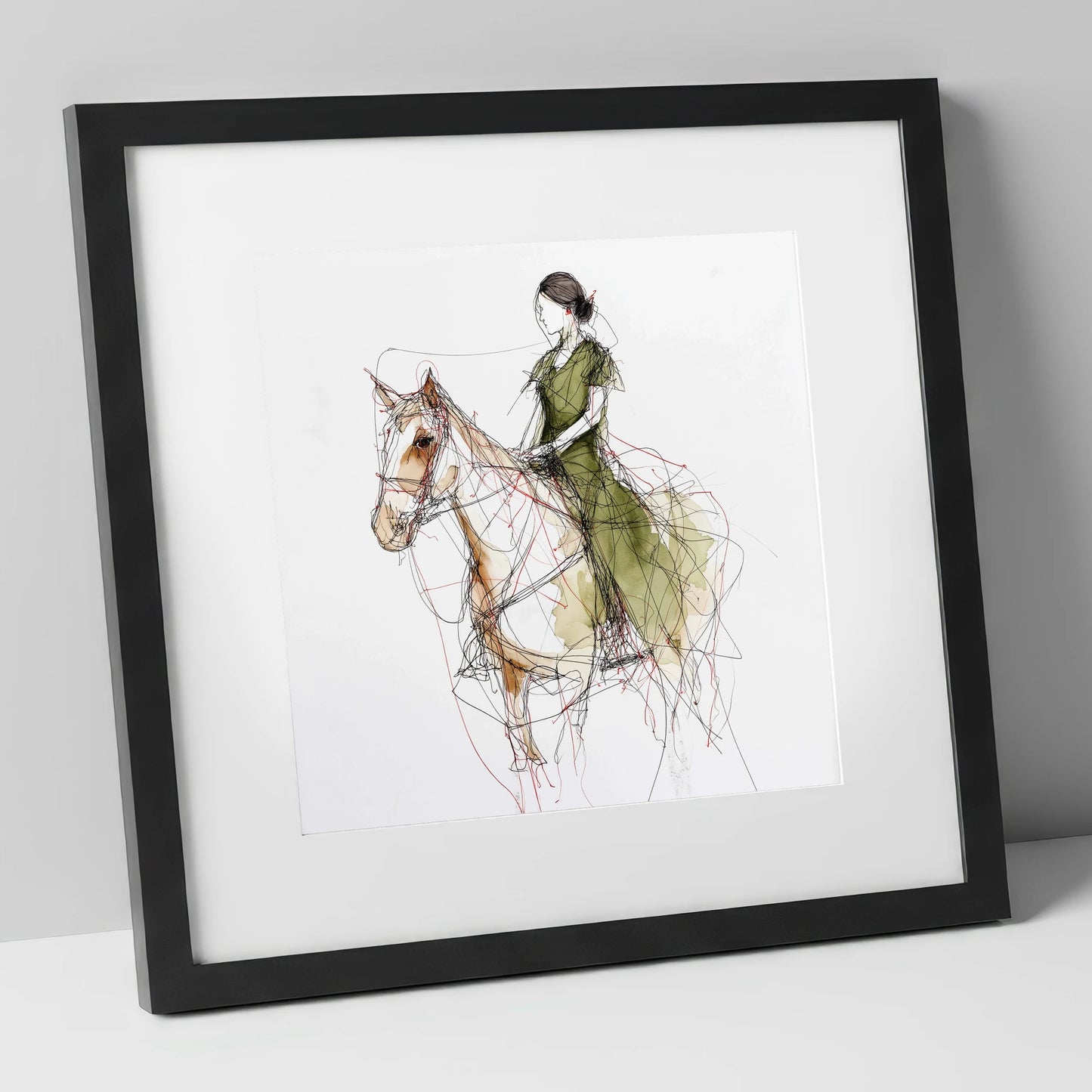 Threads of Connection horse & rider art print in black frame
