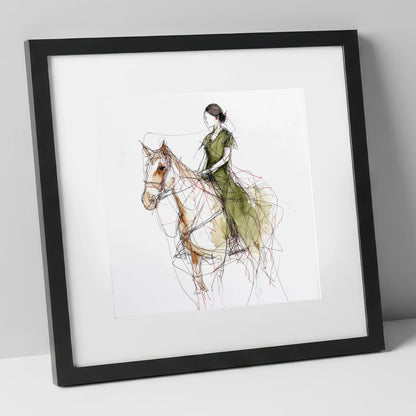 Threads of Connection horse & rider art print in black frame