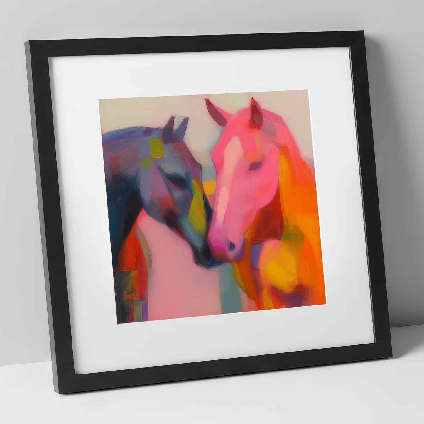 Vibrant Companions horse portrait art print in black frame