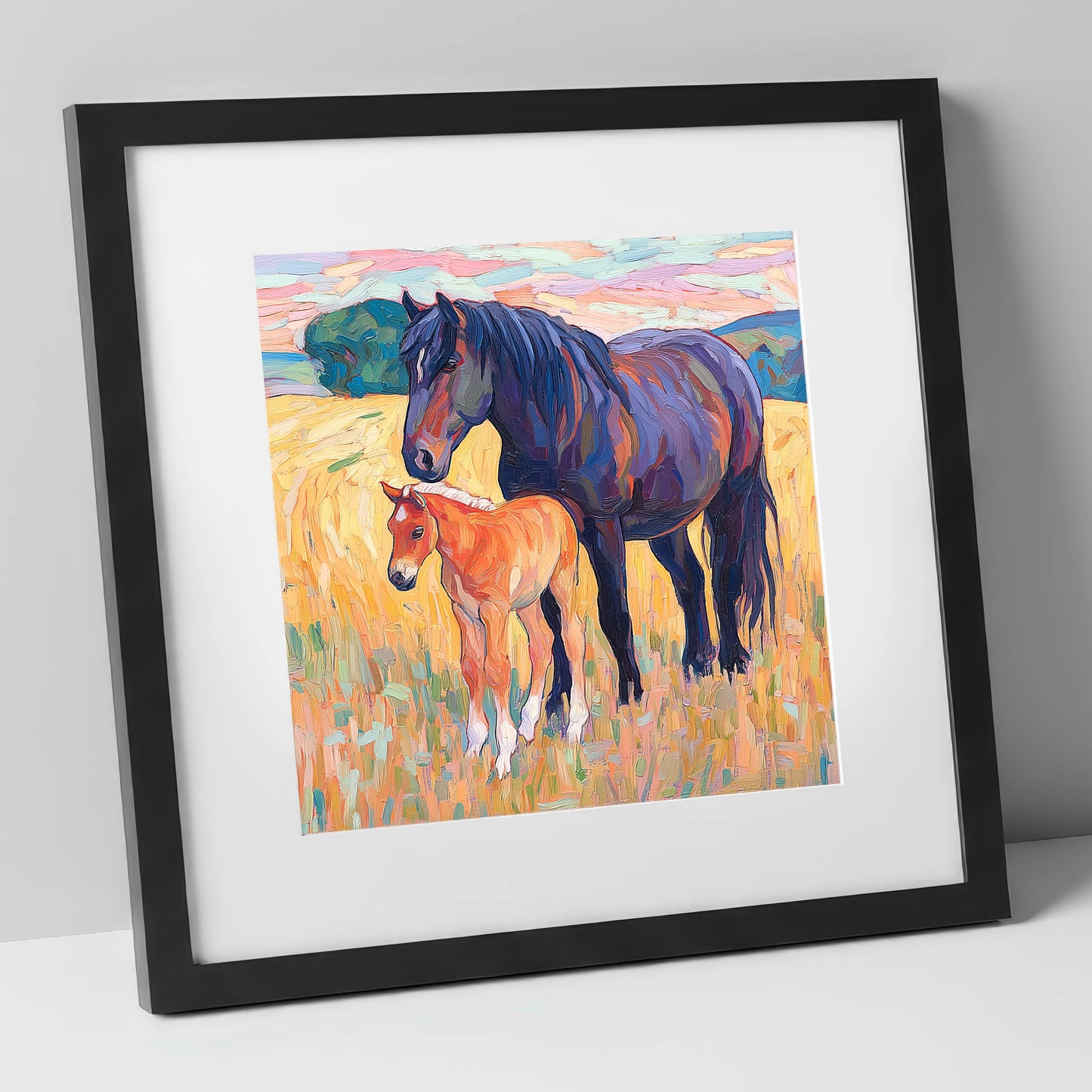 Vibrant Bond Mare and Foal mare & foal art print in black frame