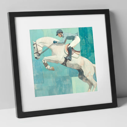 Airborne in Aquamarine show jumping horse art print in black frame
