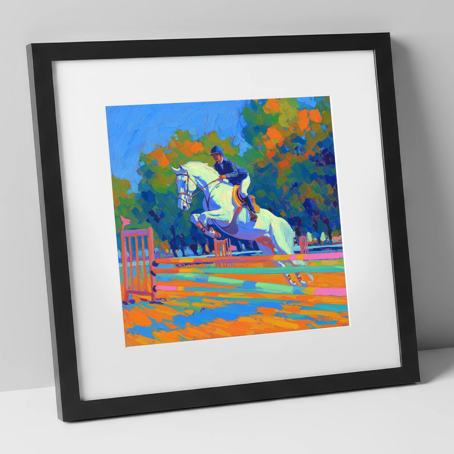 Vibrant Showjumping Leap show jumping horse art print in black frame