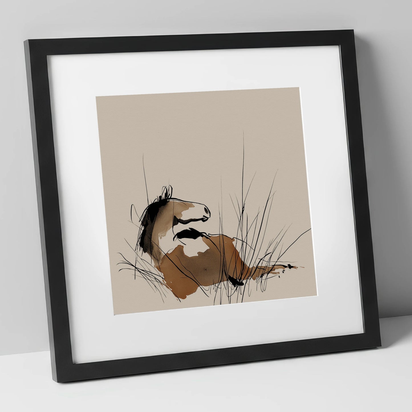 Alert in the Grass horse portrait art print in black frame