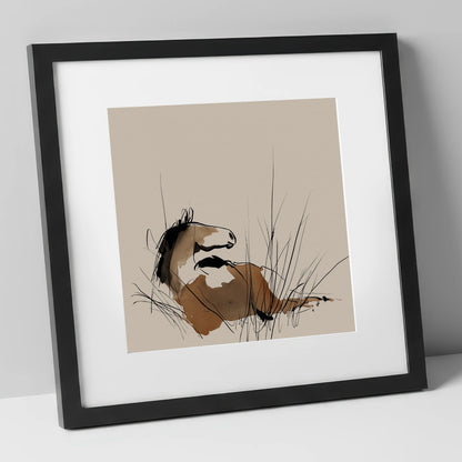 Alert in the Grass horse portrait art print in black frame