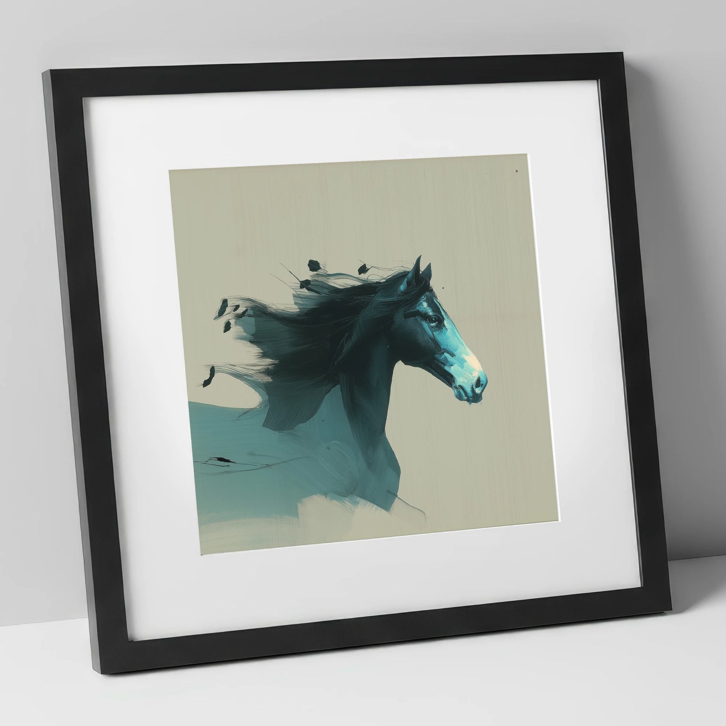 Dynamic Teal Spirit horse breed art print in black frame