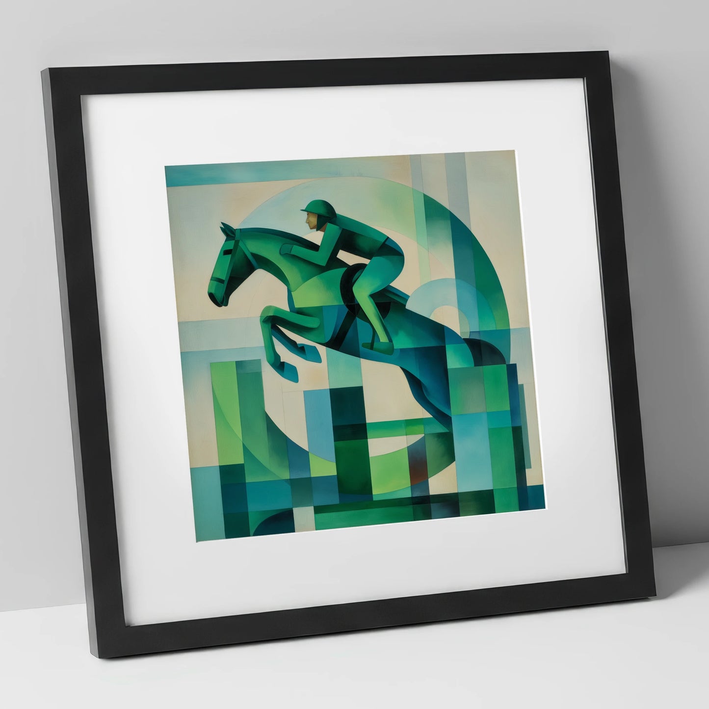 Emerald Ascent show jumping horse art print in black frame