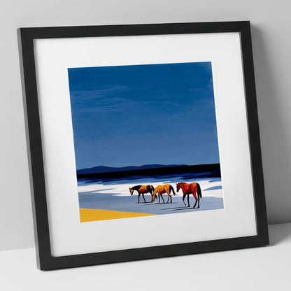 Azure Shoreline Trio horse landscape art print in black frame