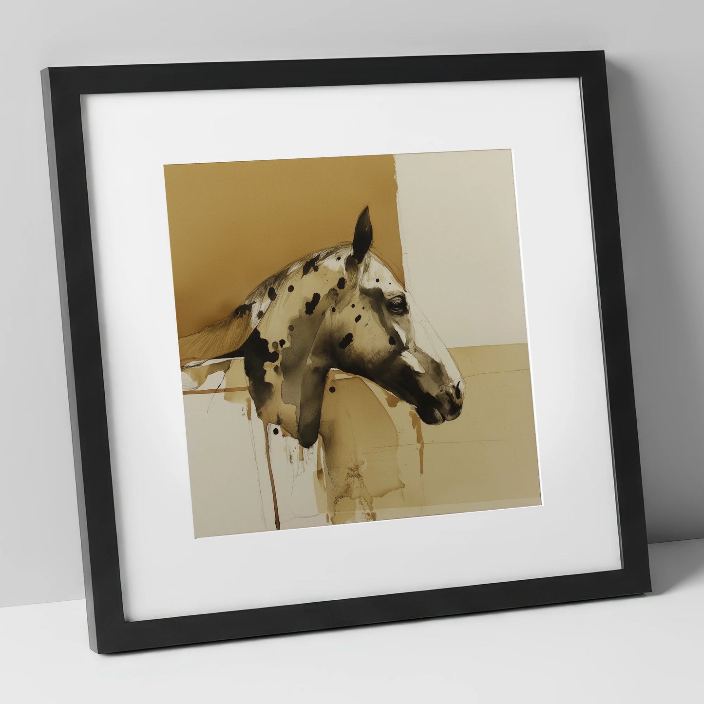 Spotted Sepia Study horse breed art print in black frame
