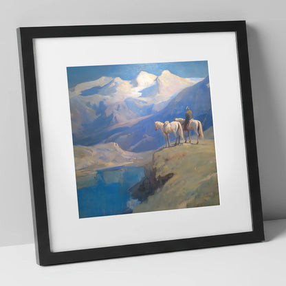 Alpine Vantage Point horse landscape art print in black frame