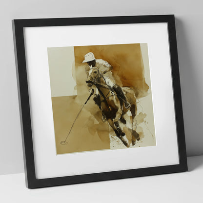 Sepia Polo Charge polo horse art print in black frame