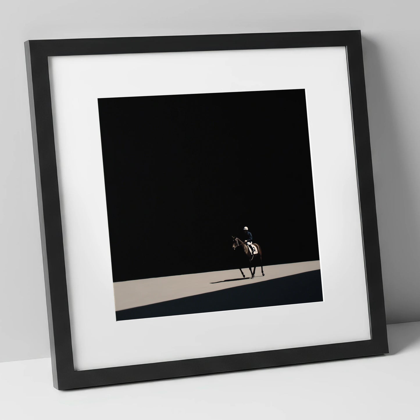 Out of the Shadows racing horse art print in black frame