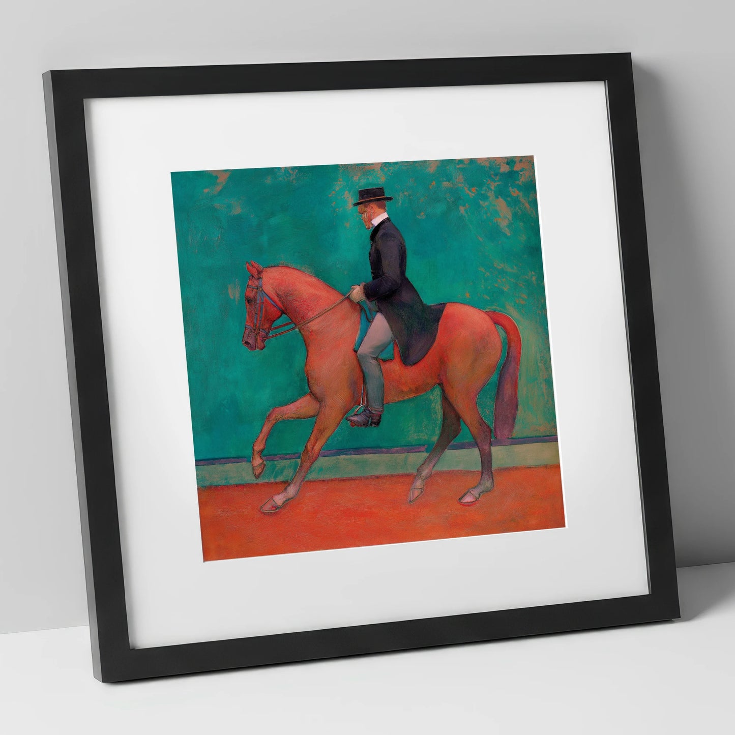 The Emerald Passage dressage horse art print in black frame