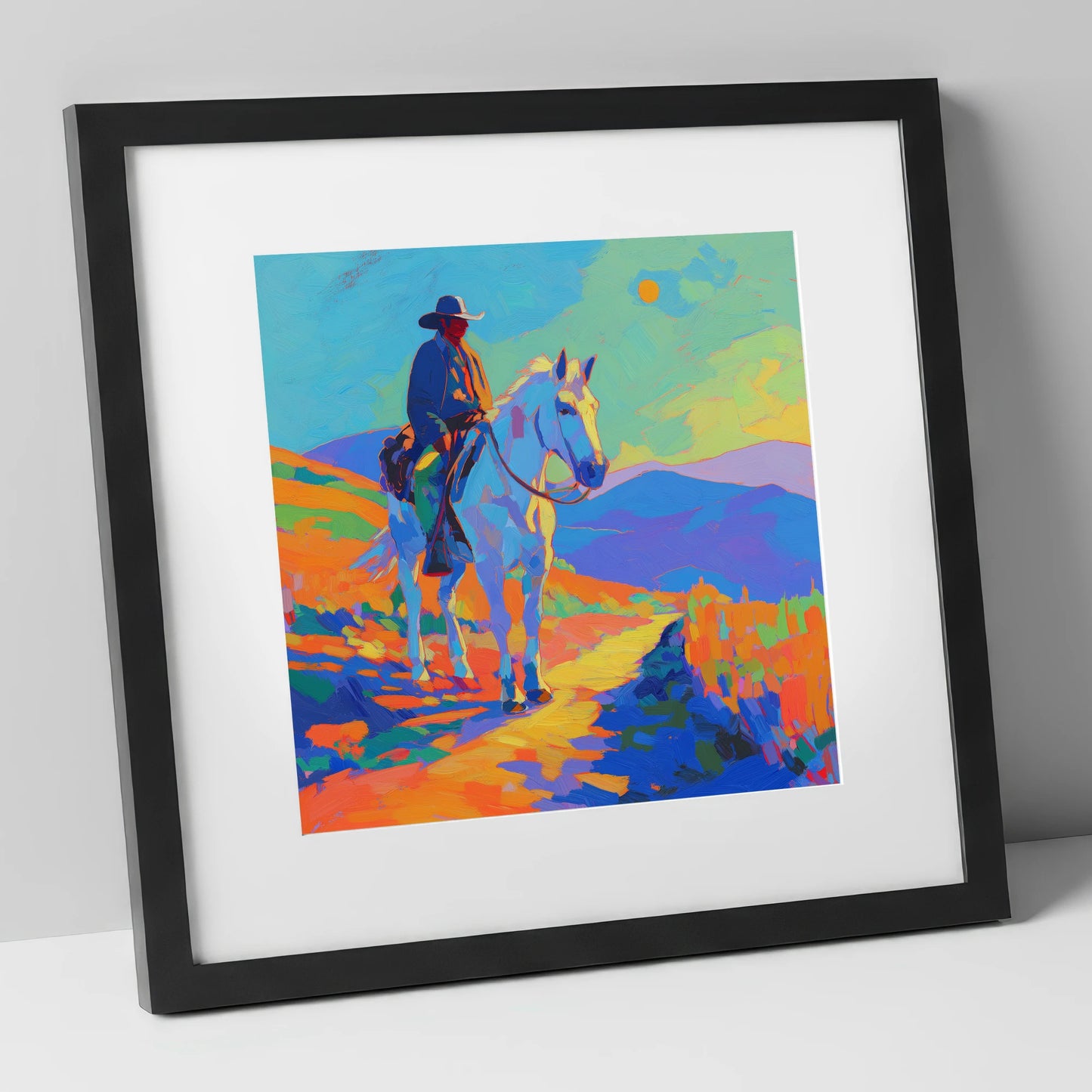 Painted Western Sun western horse art print in black frame