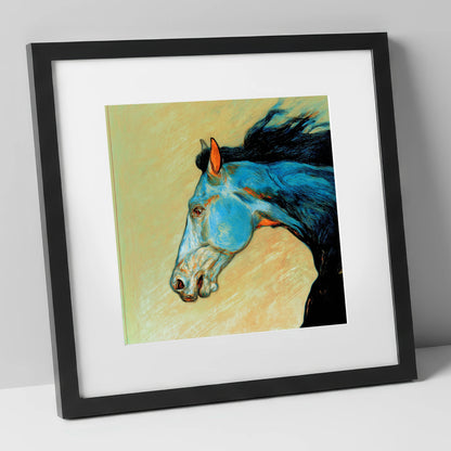 Cerulean Spirit racing horse art print in black frame