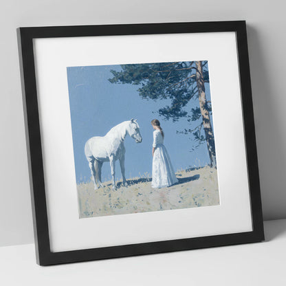 Beneath the Summer Pine horse & rider art print in black frame
