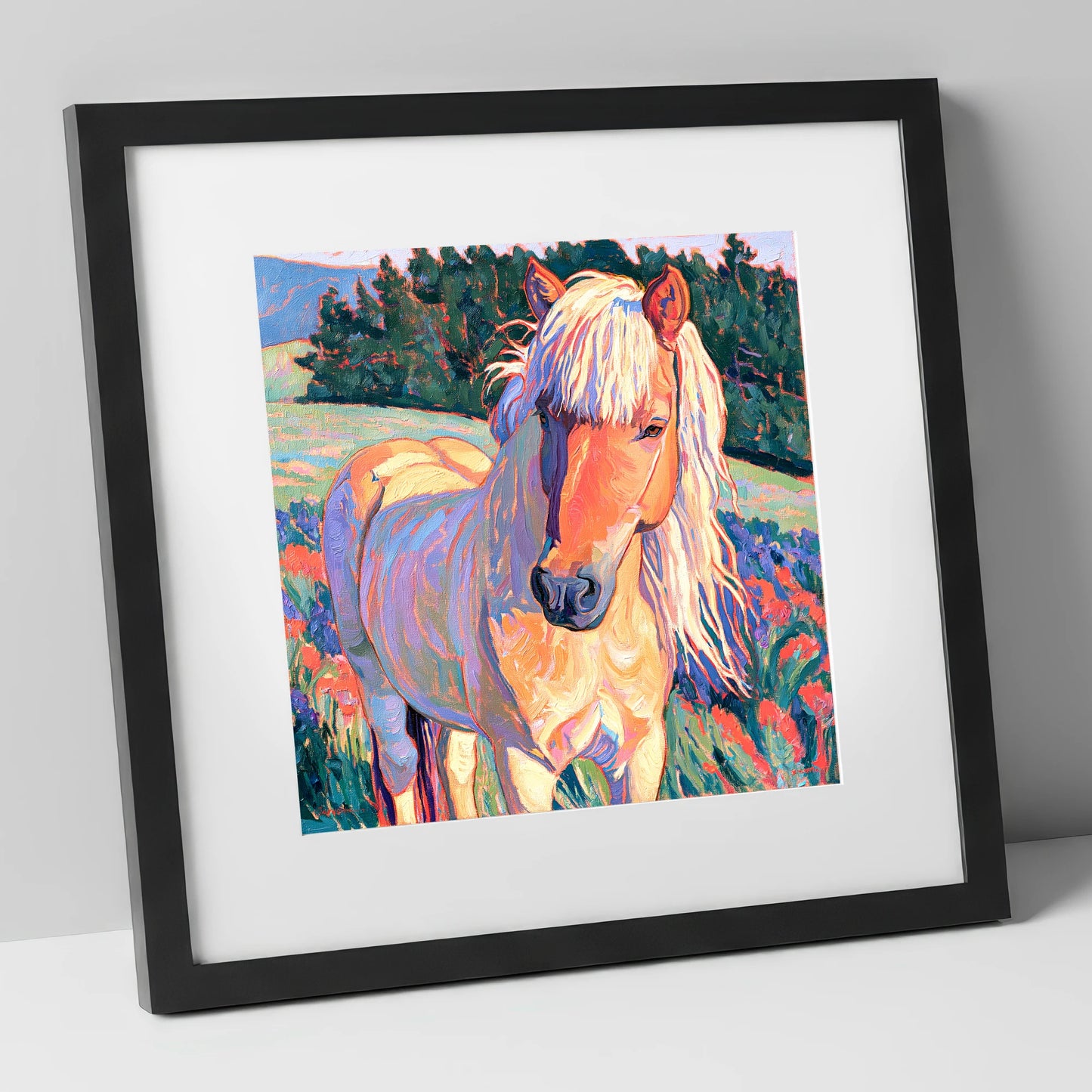 Vibrant Palomino Pony In Meadow horse breed art print in black frame
