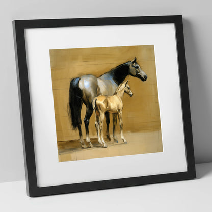Slate and Gold mare & foal art print in black frame