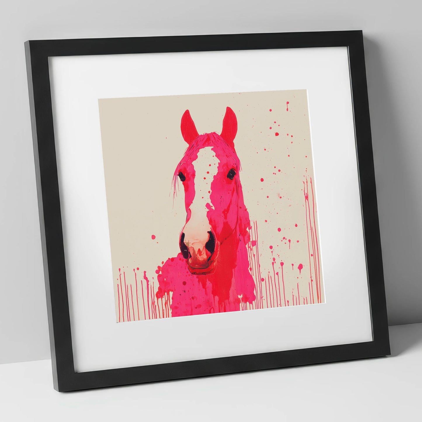 Vibrant Magenta Blaze horse portrait art print in black frame