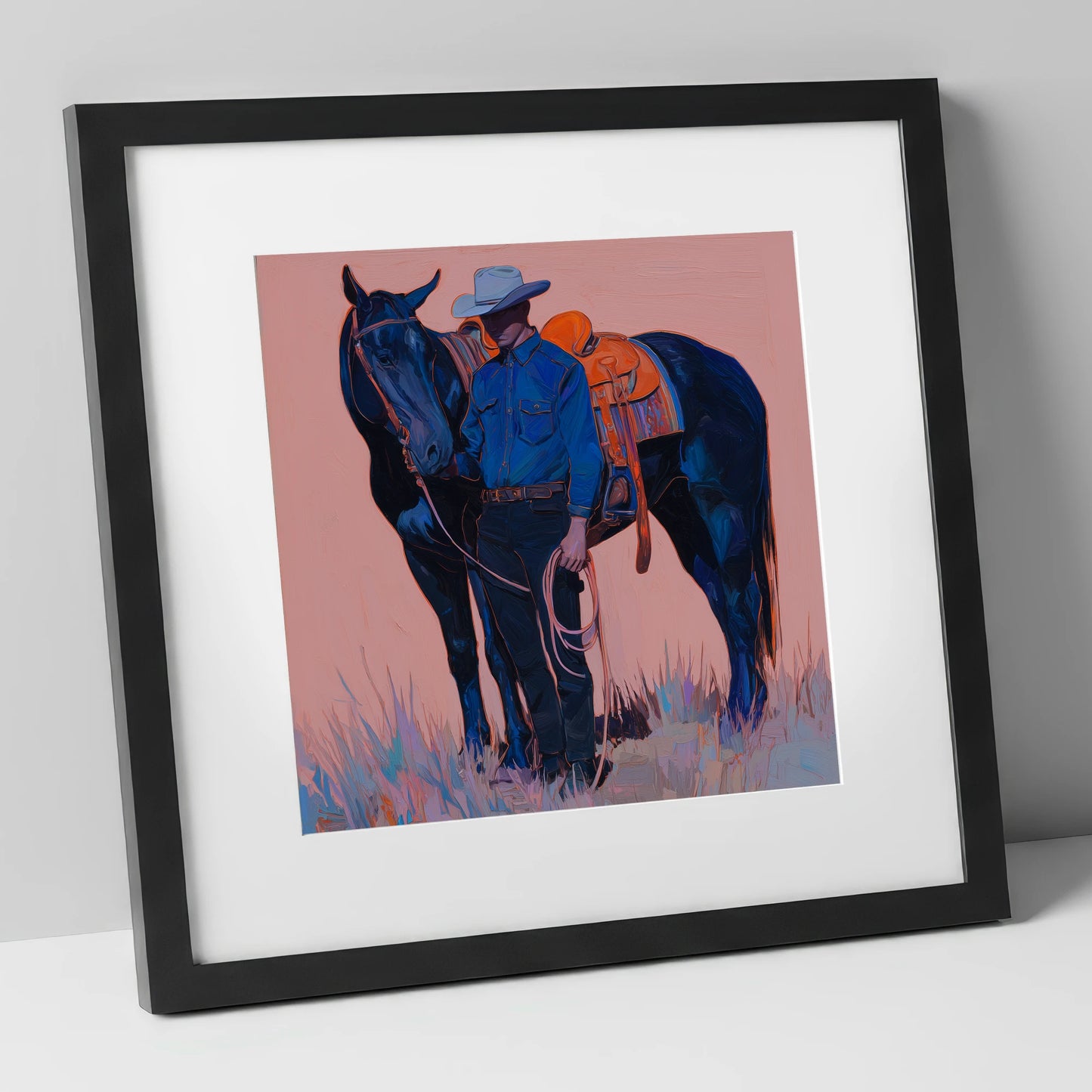 The Indigo Horseman western horse art print in black frame
