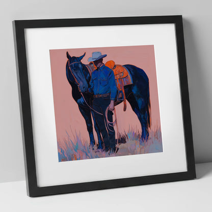 The Indigo Horseman western horse art print in black frame