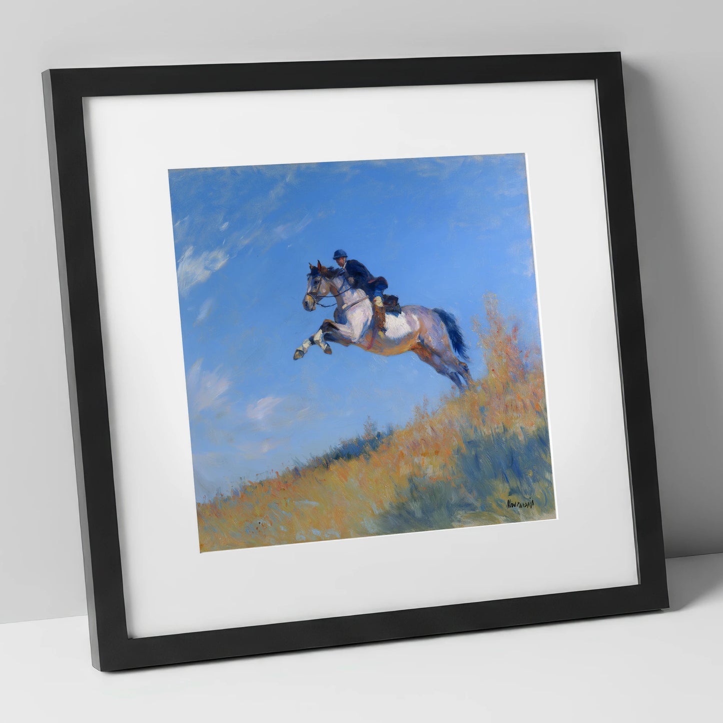 Leap Into the Blue show jumping horse art print in black frame