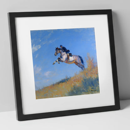 Leap Into the Blue show jumping horse art print in black frame