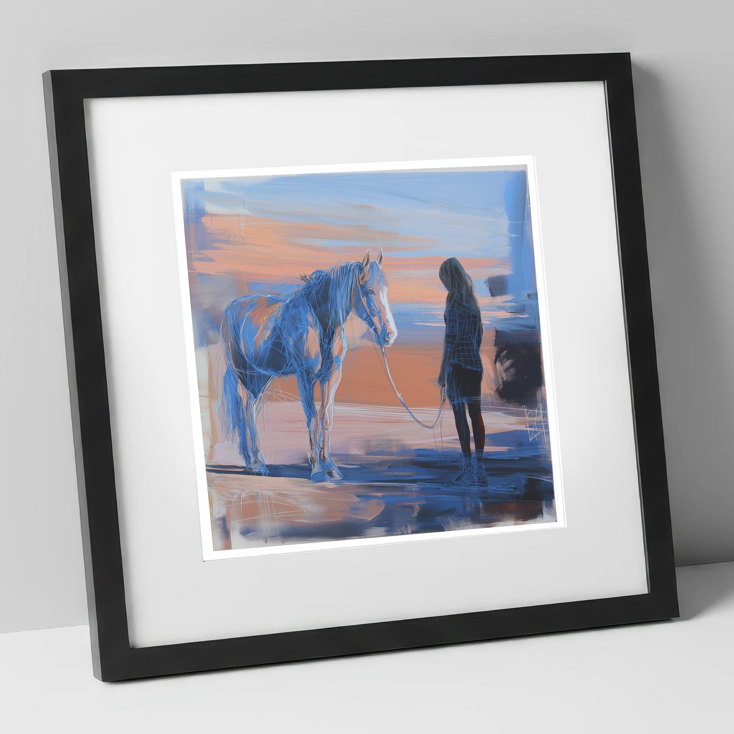 The Quiet Language horse & rider art print in black frame