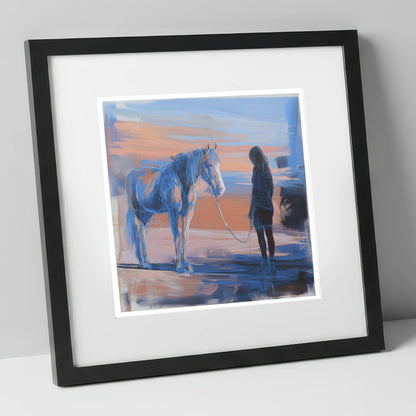 The Quiet Language horse & rider art print in black frame