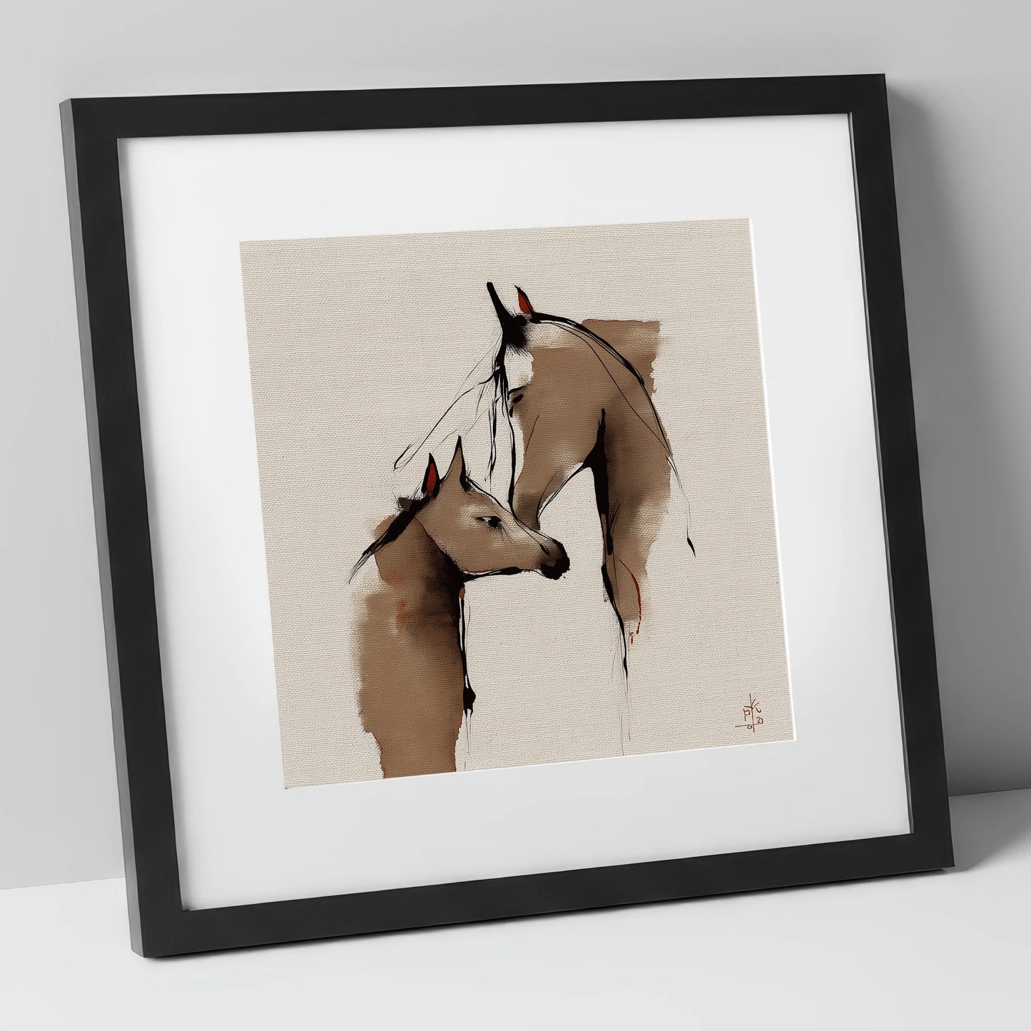 Silent Devotion mare & foal art print in black frame