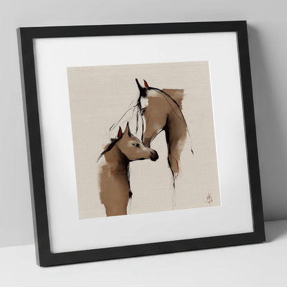 Silent Devotion mare & foal art print in black frame
