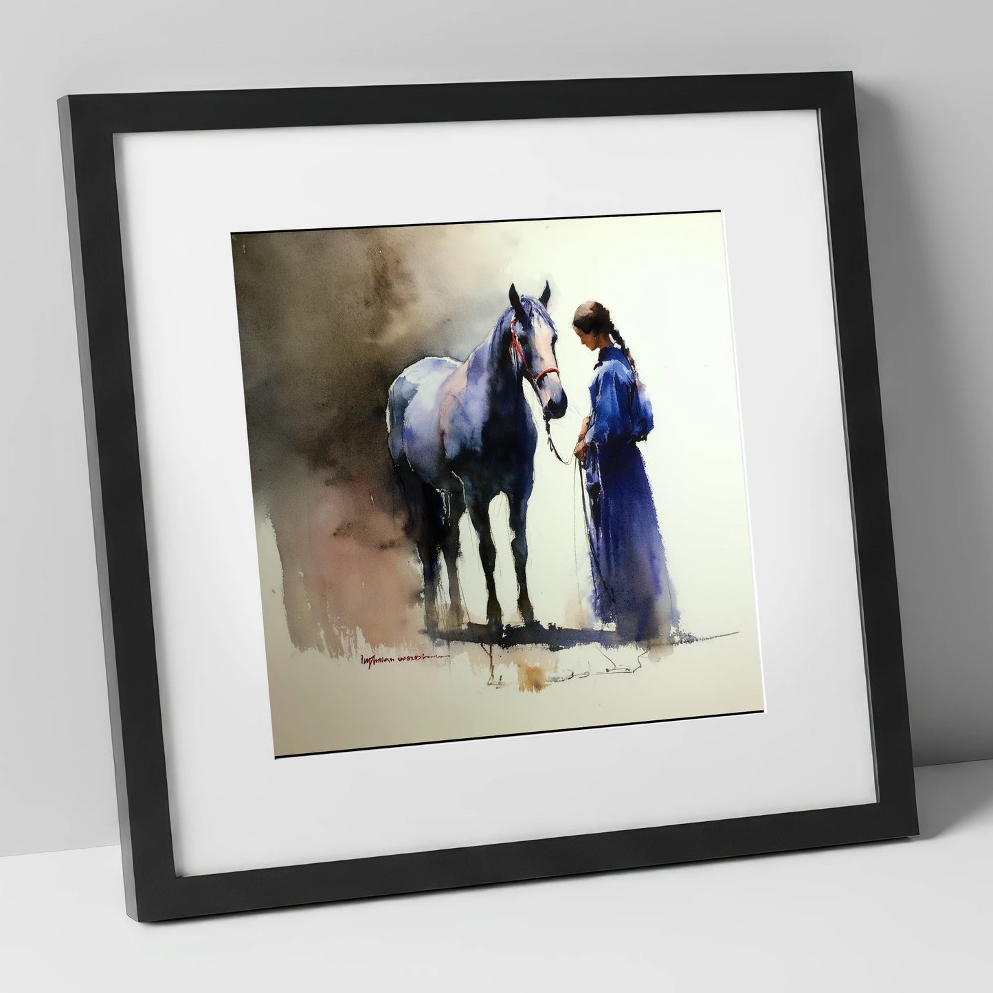 The Silent Bond horse & rider art print in black frame